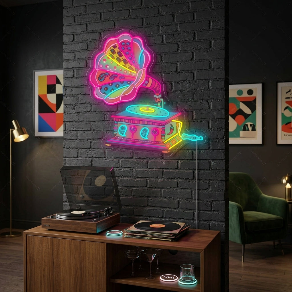A vibrant 'Retro Gramophone' neon sign glowing with pink, orange, and blue lights on a textured wall in a modern living space.