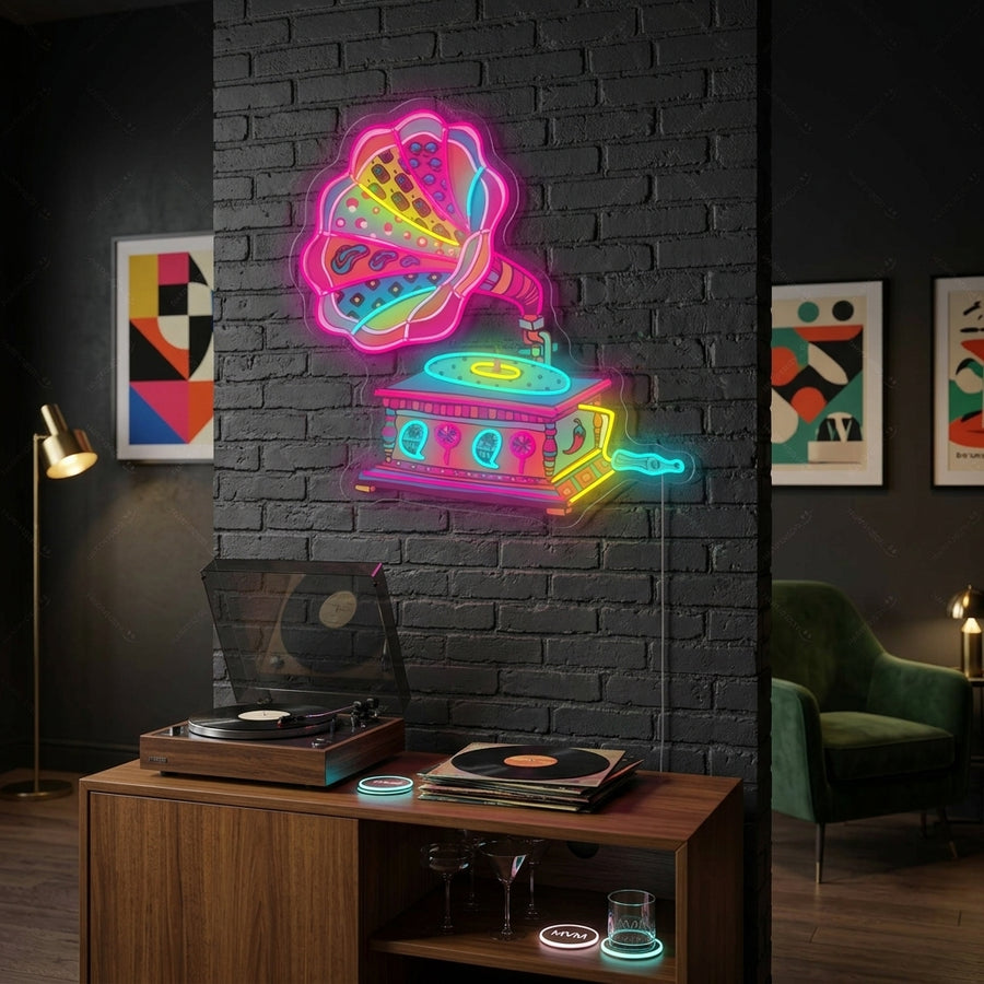 A vibrant 'Retro Gramophone' neon sign glowing with pink, orange, and blue lights on a textured wall in a modern living space.
