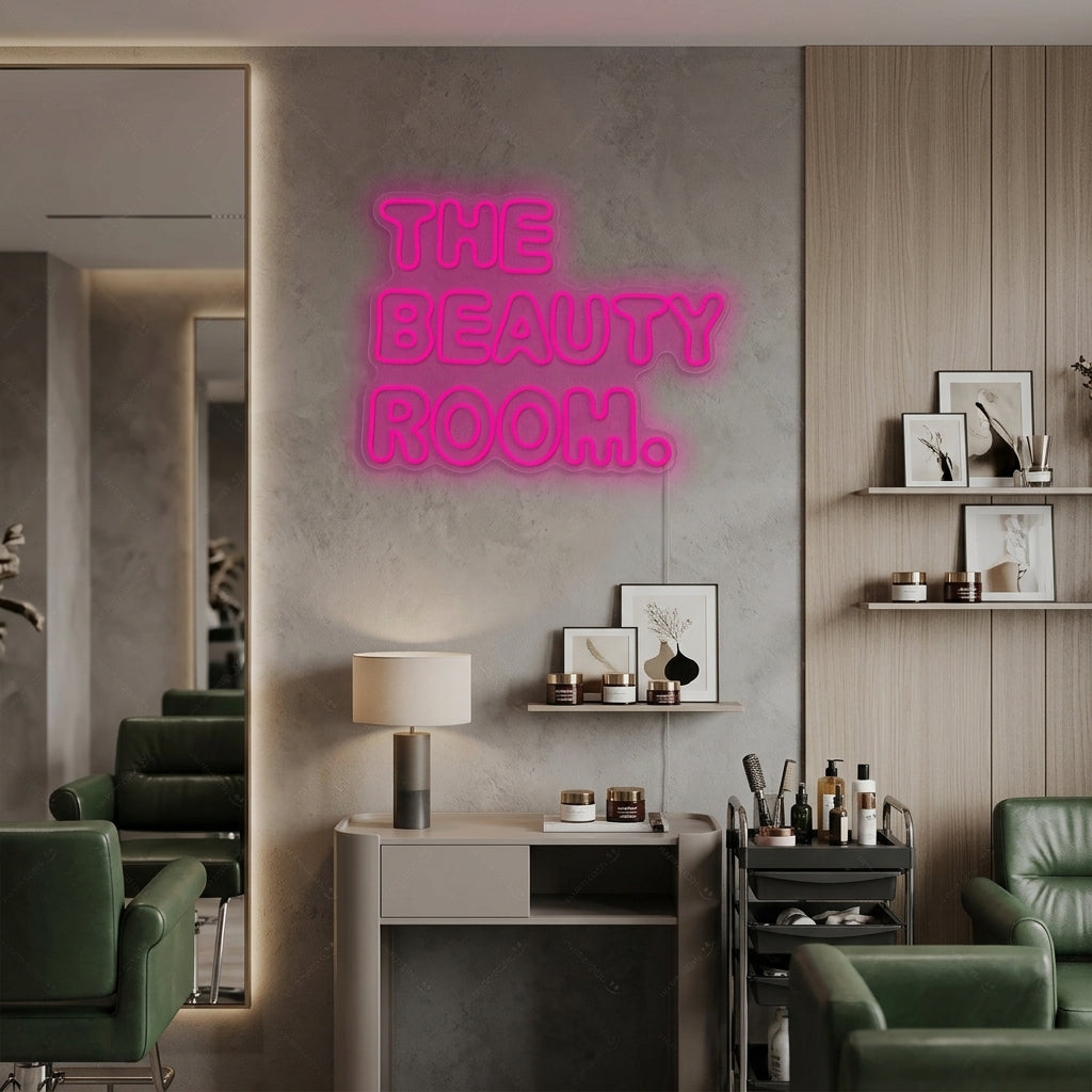 A stylish 'The Beauty Room' neon sign glowing in a modern salon setting, casting a vibrant light on elegant decor, professional equipment, and a welcoming ambiance.