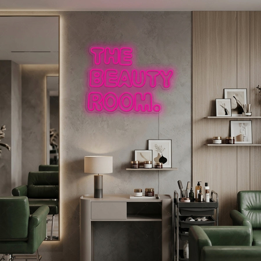 A stylish 'The Beauty Room' neon sign glowing in a modern salon setting, casting a vibrant light on elegant decor, professional equipment, and a welcoming ambiance.
