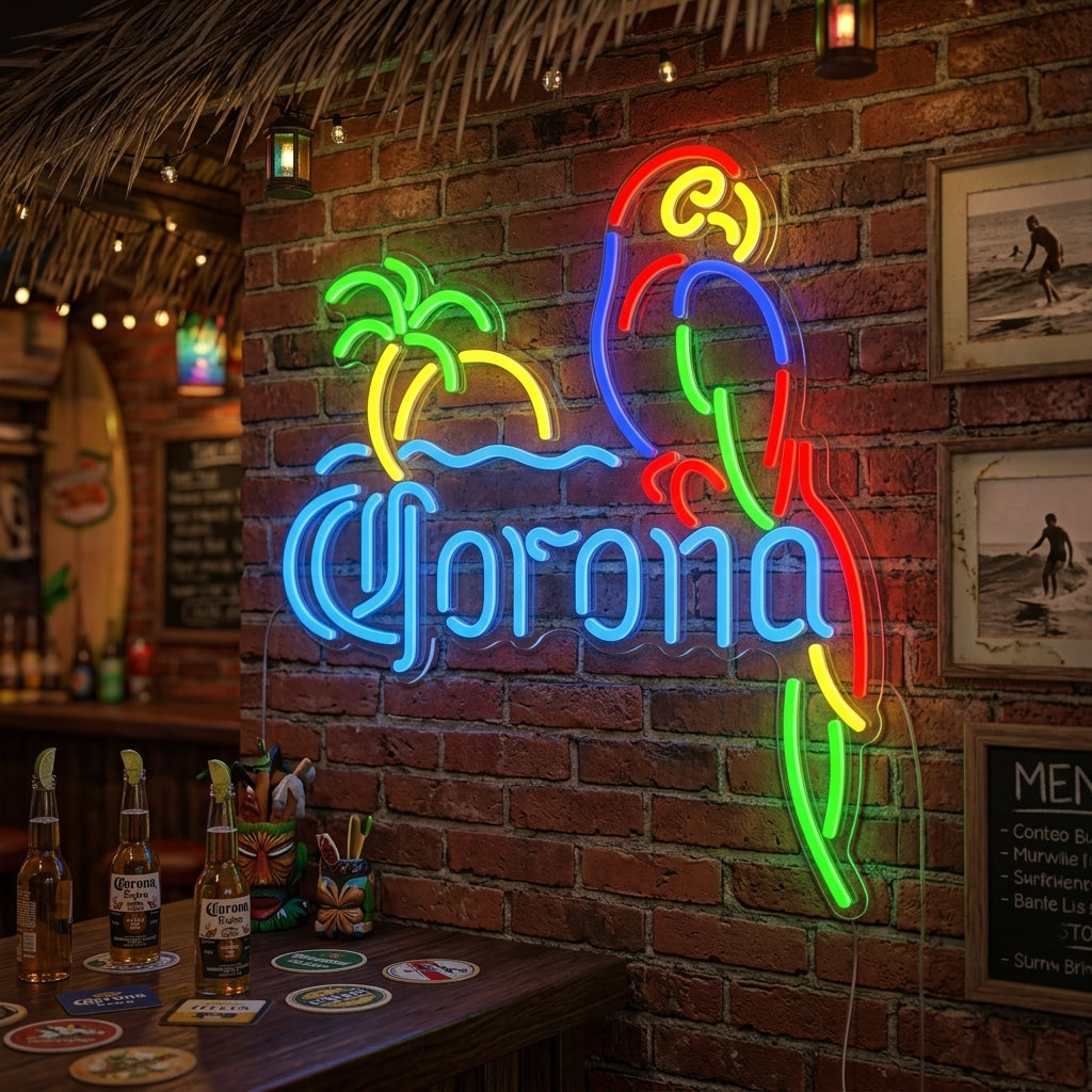 A vibrant Parrot with Palm Tree Beer Bar neon sign glowing brightly on a brick wall, enhancing the atmosphere of a vintage-style home bar.