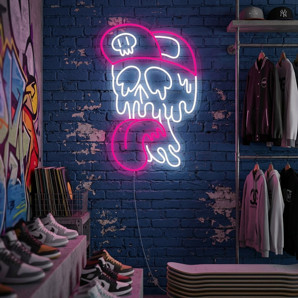 The 'Skull Melting' neon sign glows with vibrant blue and magenta light, mounted on a dark, rustic brick wall in a modern living room setting.