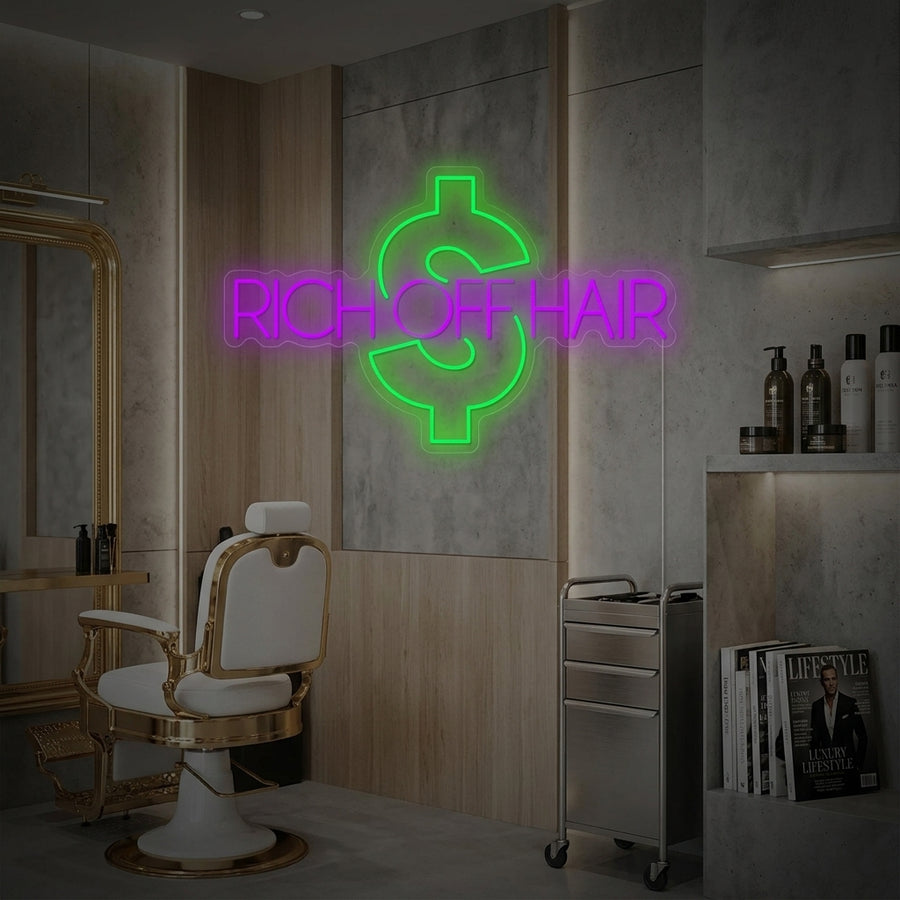A "Rich Off Hair" neon sign glows in a stylized salon or barbershop setting, casting a warm light on surrounding decor.