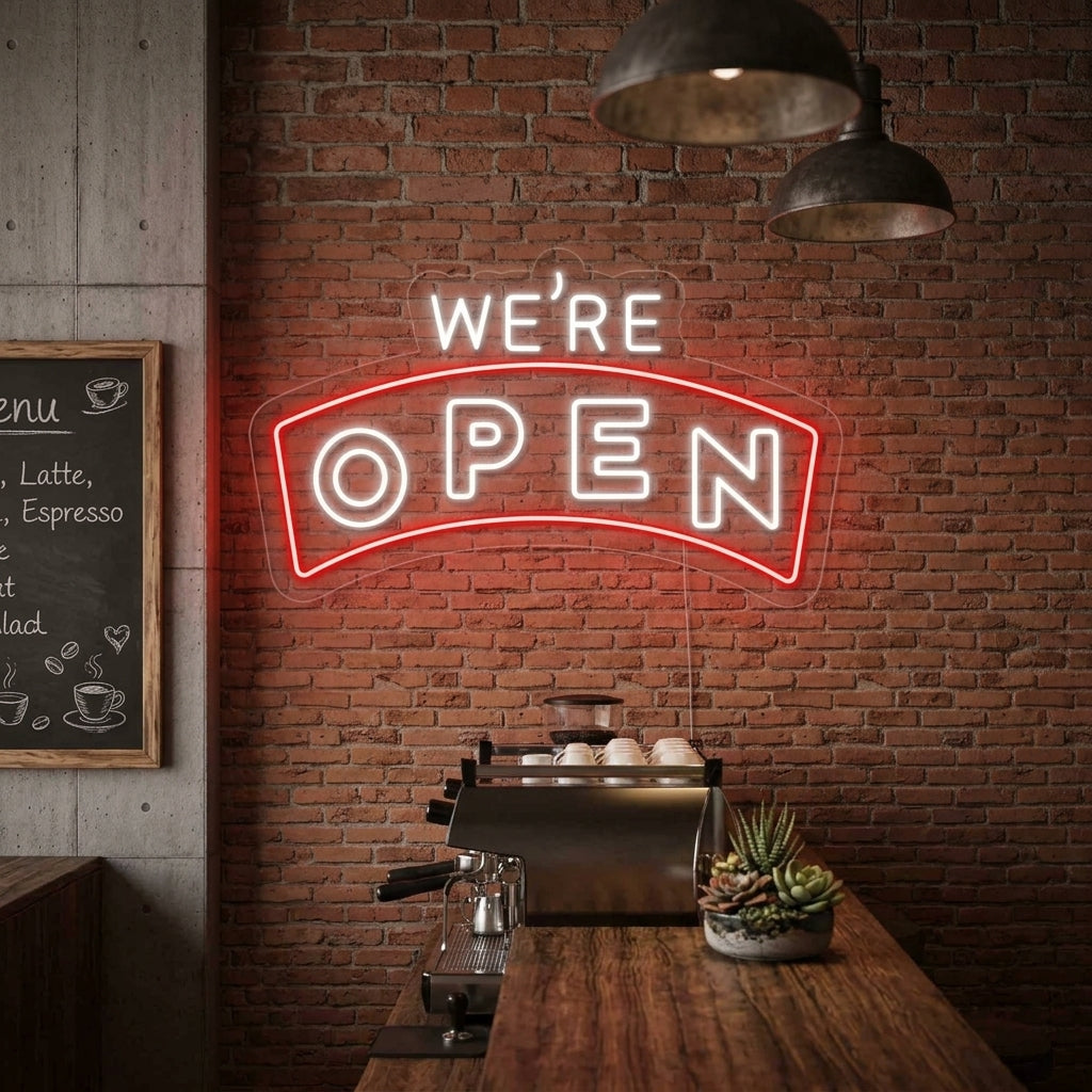 A vibrant 'We Are Open' neon sign displayed inside a bustling retail shop window, casting a warm glow on the surrounding merchandise.