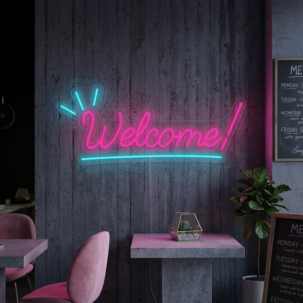 Warm glowing white "Welcome" neon sign in cursive font mounted on a dark textured accent wall above a modern console table with plants.