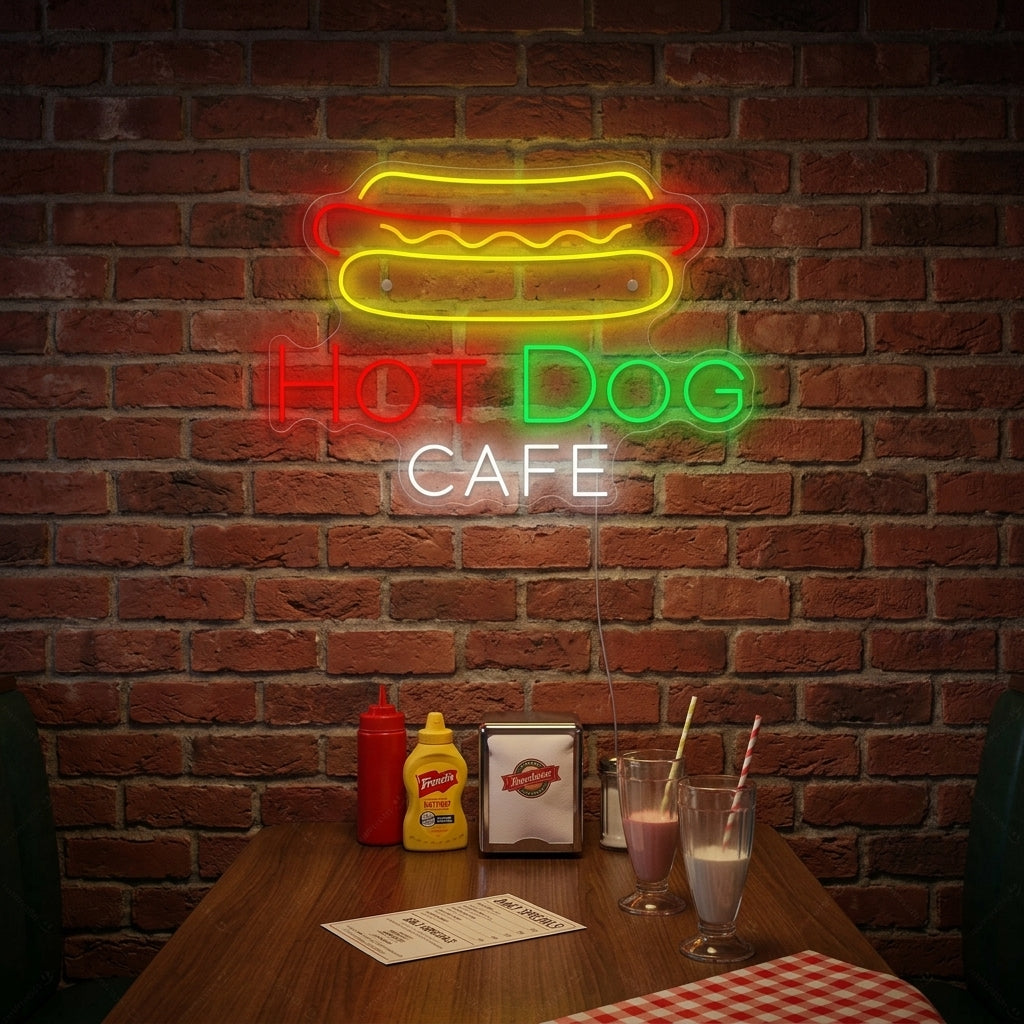 A "Hotdog Cafe" neon sign glowing in a diner-style room.