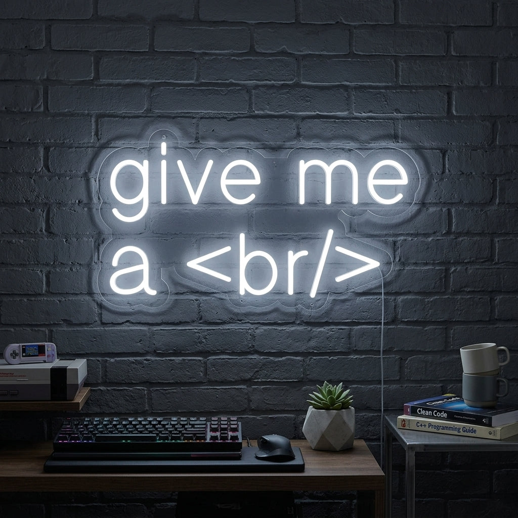 A close-up view of the illuminated 'Give Me A Break For Geeks' neon sign hanging on a textured blue wall in a modern office or tech setup.
