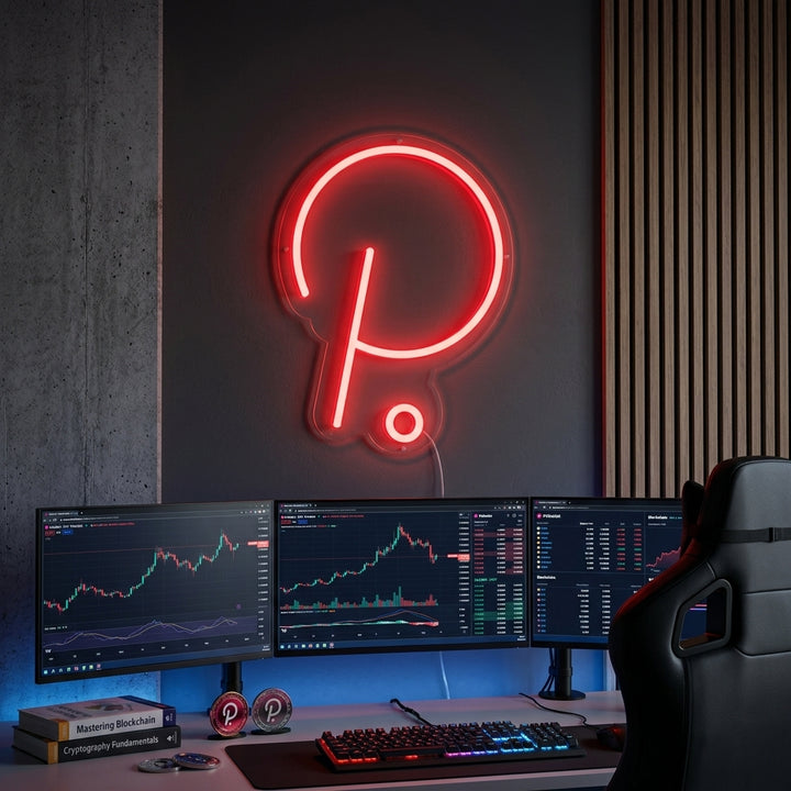 A lifestyle photo showing the illuminated Polkadot DOT neon sign glowing brightly on a contemporary interior wall.