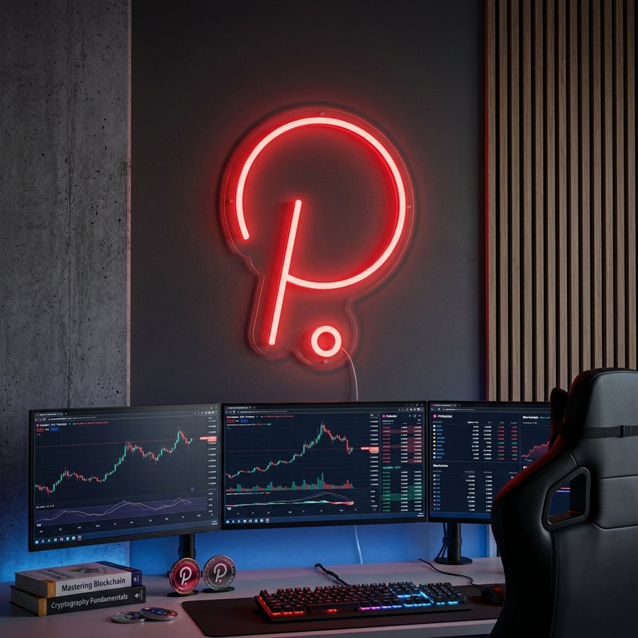 A lifestyle photo showing the illuminated Polkadot DOT neon sign glowing brightly on a contemporary interior wall.