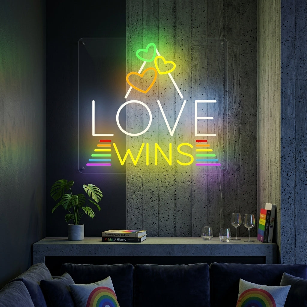 A glowing 'Love Wins' neon sign displaying vibrant rainbow colors, casting a colorful light in a cozy living room setting.