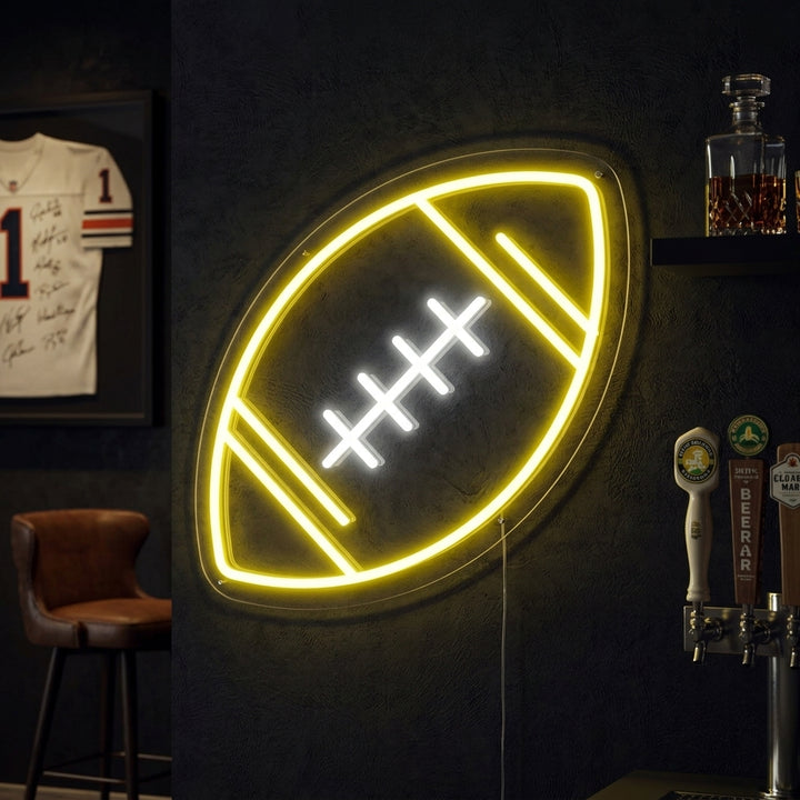 Football Ball neon sign glowing in a sports-themed room setting.