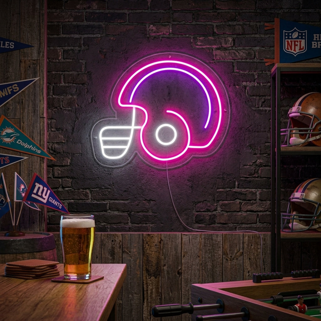 A Football Player Helmet neon sign glowing brightly on a brick wall in a rustic-themed game room above a leather sofa.