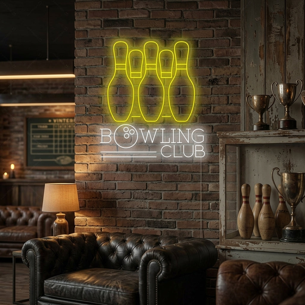 A vibrant 'Bowling Club' neon sign with text and graphics mounted on a textured brick wall in a lifestyle setting.