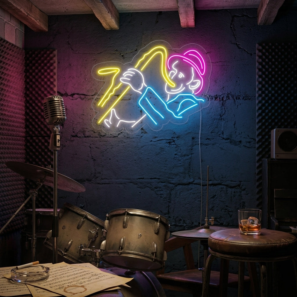 Man With Saxophone neon sign glowing blue and orange, mounted on a rustic wooden wall above a velvet chair.
