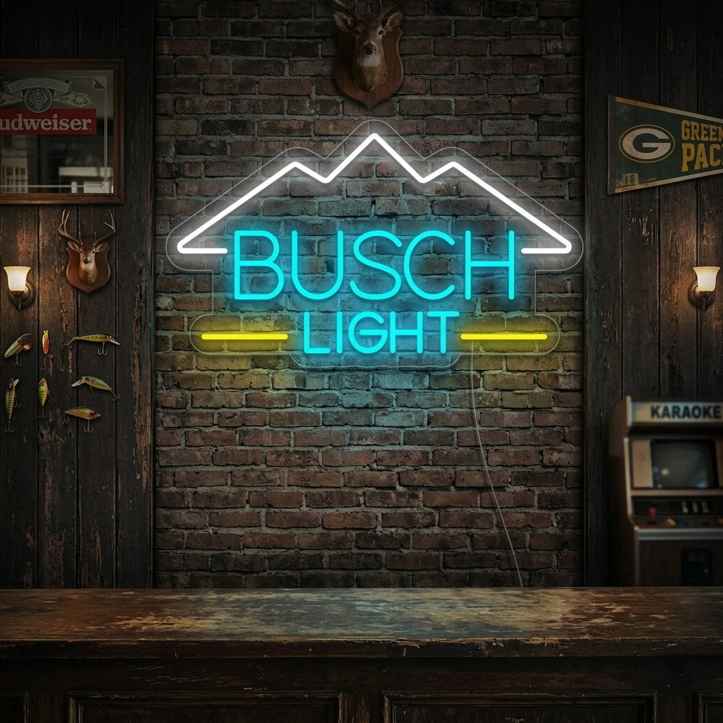 A Busch Light neon sign with the classic Busch beer logo glowing brightly in a home bar setting.