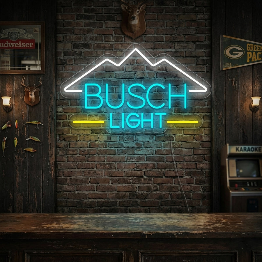 A Busch Light neon sign with the classic Busch beer logo glowing brightly in a home bar setting.