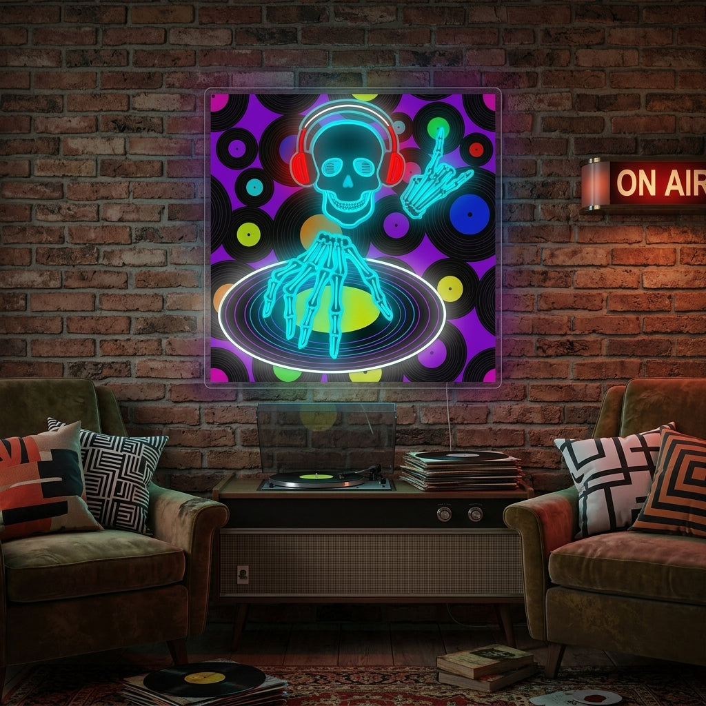 A lifestyle shot of the Music Flyer neon sign glowing on a textured bedroom wall, illuminating the DJ and speaker design.