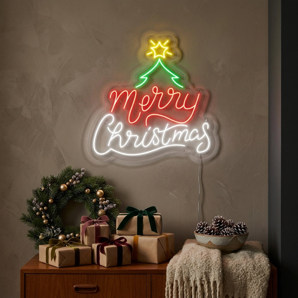 "Merry Christmas" text illuminated in a decorative neon sign, mounted on a white wall in a cozy home setting during the festive holiday season.