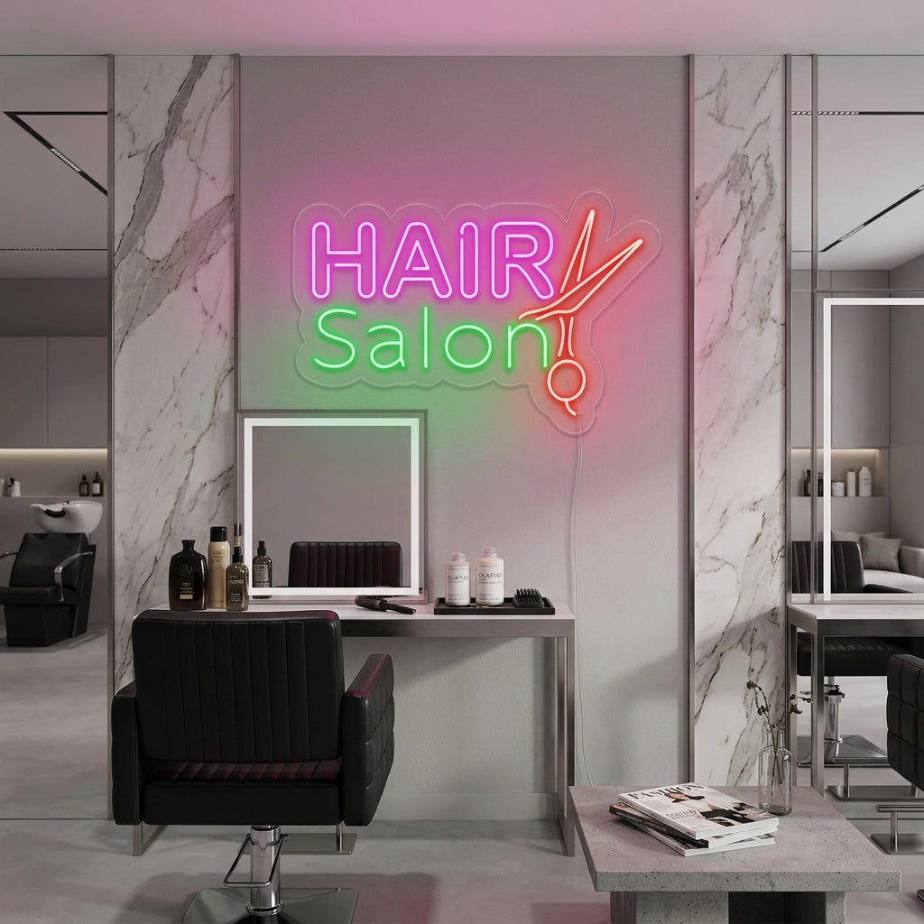 A bright, illuminated neon sign displaying the text 'HAIR SALON' in an upscale salon environment.