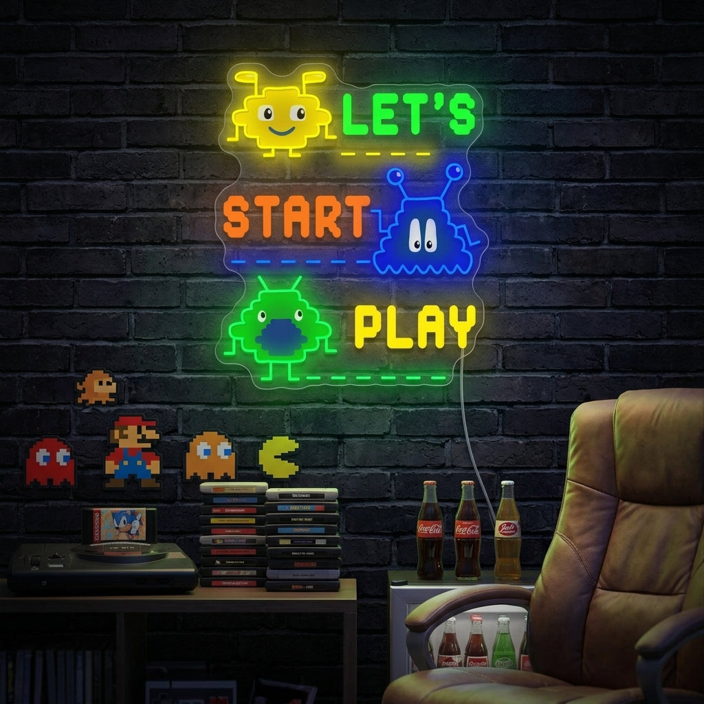 A glowing 8-bit style video game neon sign featuring pixelated characters and symbols mounted on a textured brick wall in a cozy room setting.