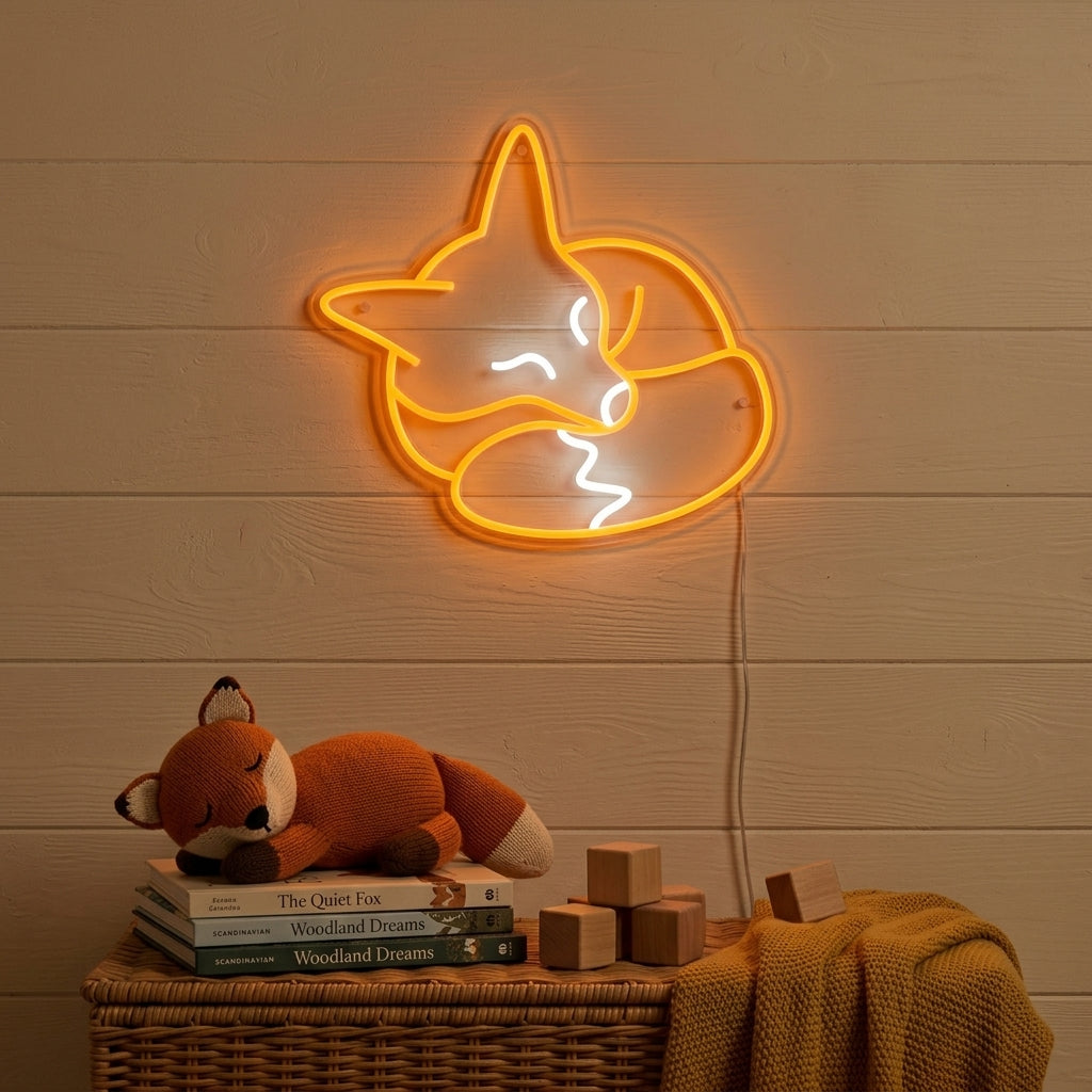 A cozy nursery featuring the illuminated sleeping fox neon sign on the wall above a crib and shelves with woodland animals.
