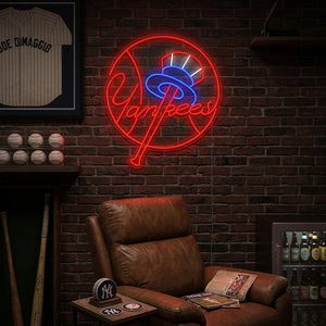 Handcrafted baseball team logo neon sign glowing brightly on a wall in a lifestyle setting.