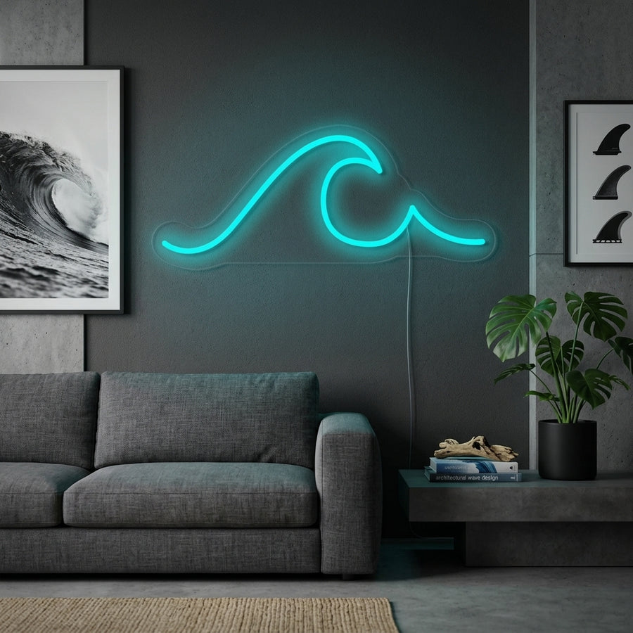 A glowing blue neon sign depicting a cresting ocean wave, mounted on a rustic wooden wall above a white bench and potted plant.