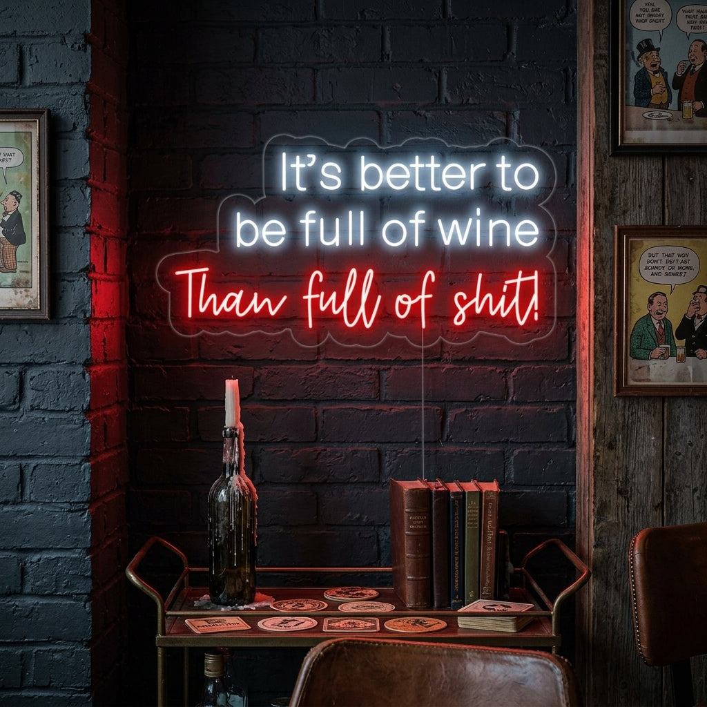 A lifestyle view of the illuminated "its Better Full of Wine Than Full of Shit" neon sign hanging above a rustic home bar setup.