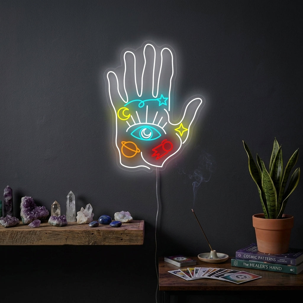 The "Spiritual Hand" neon sign glowing gently on a textured wall in a contemporary living room setting.