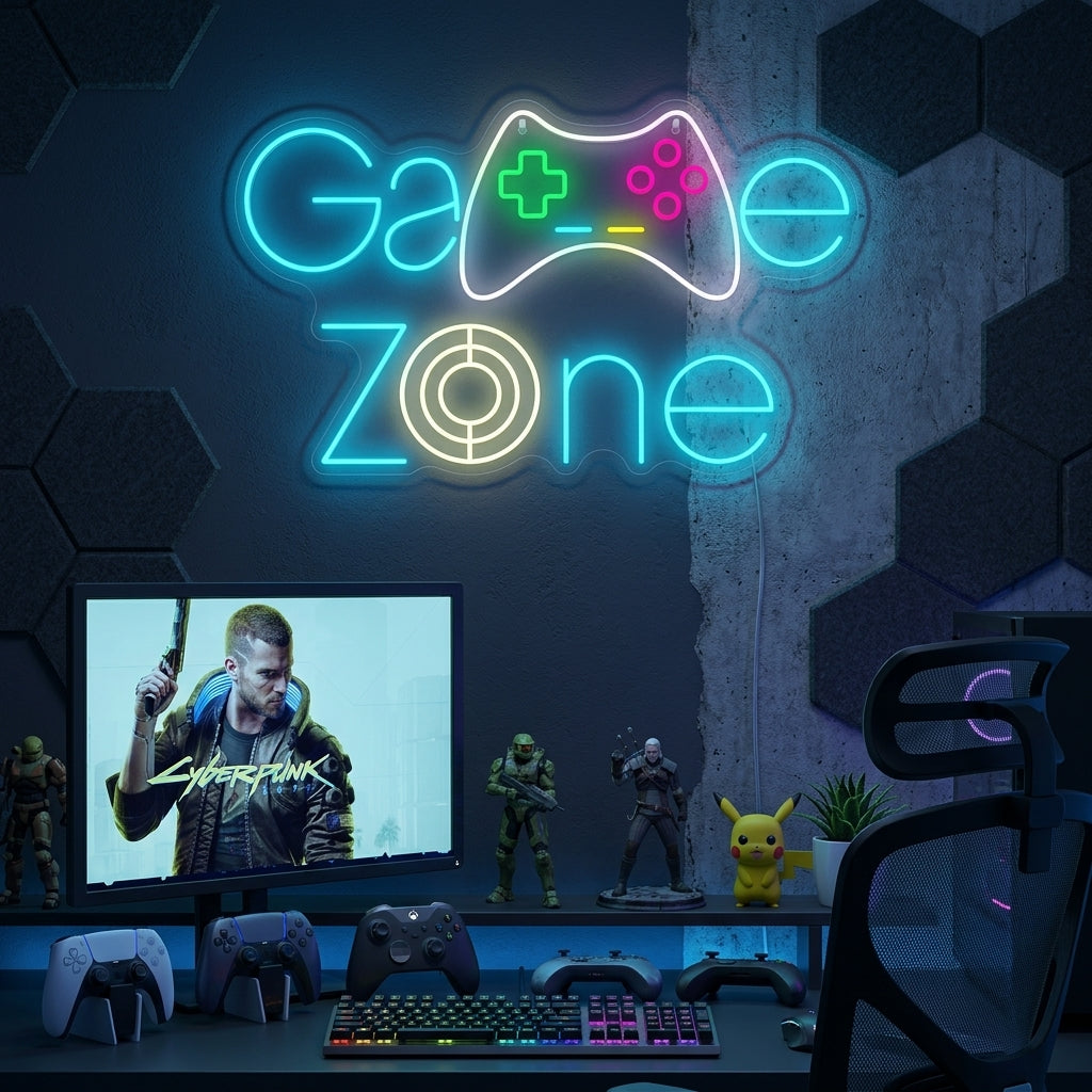 A close-up photograph of a glowing blue and green Game Zone neon sign with a game controller graphic, mounted on a dark textured wall in a gaming room.