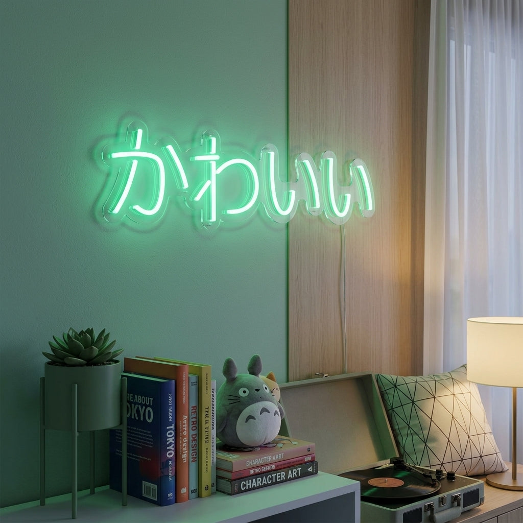 A lifestyle photograph showing a lit Kawaii Cute Japanese neon sign glowing softly on a bedroom wall above a styled shelf.