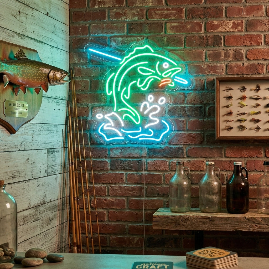 A vibrant 'Fish Logo' neon wall sign mounted on an exposed brick wall, glowing in a brightly lit bar or restaurant setting with stools in the background.