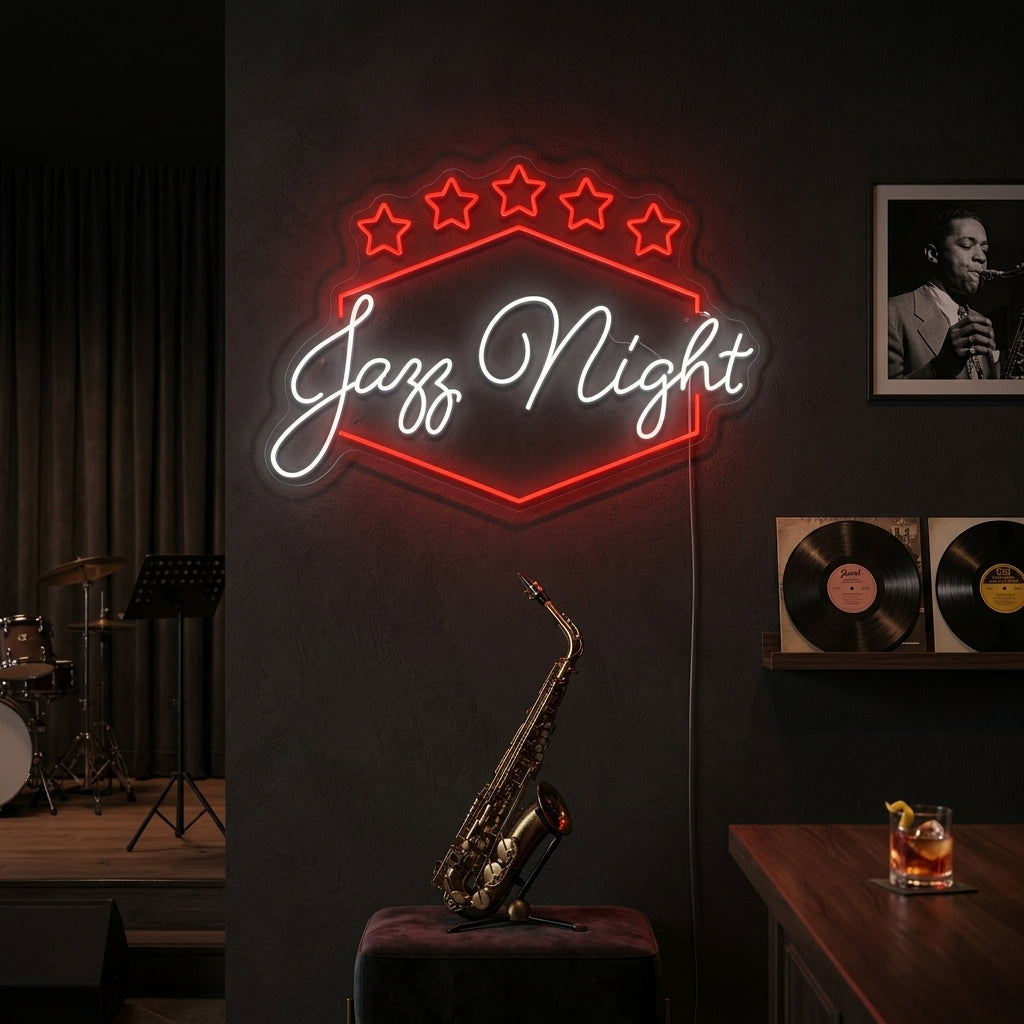 A vibrant neon sign that reads "Jazz Night" and features a stylized saxophone and musical notes against a dark, textured brick wall, casting a warm and atmospheric glow that suggests a vintage jazz club setting.