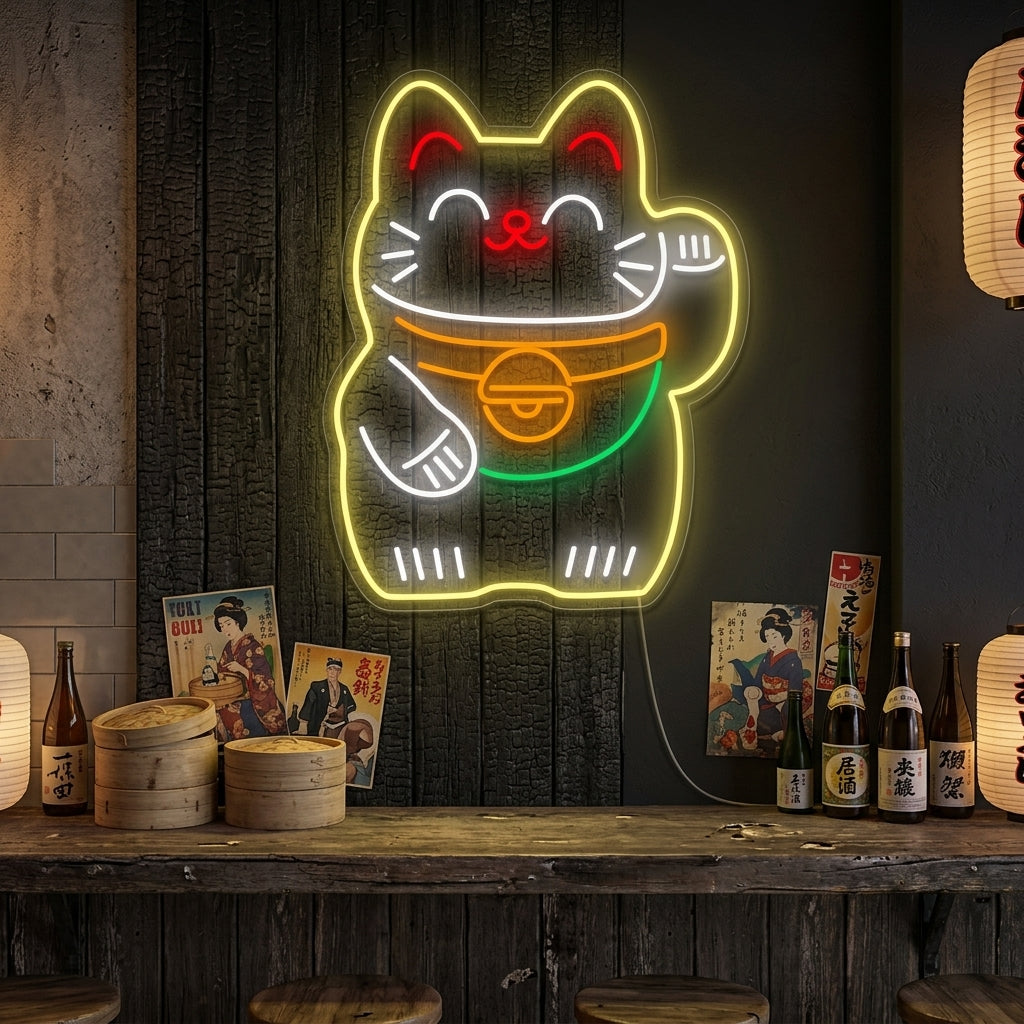 Fortune Cat Neon Sign in blue, pink, and yellow, glowing brightly on a wall in a home setting.