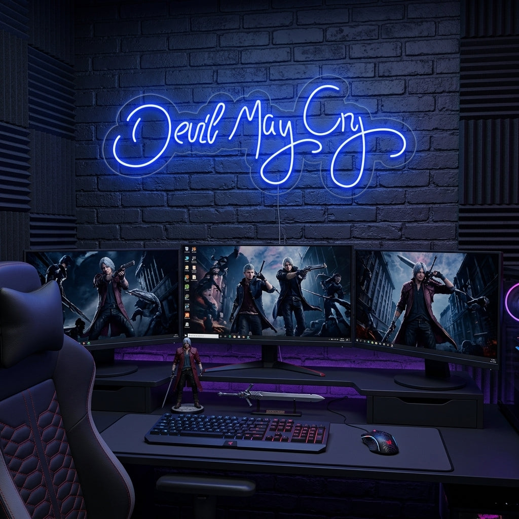 A vibrant 'Devil May Cry' logo neon sign with a sharp, stylized script, glowing in bold red and white. It is mounted on a textured brick wall above a cozy gaming desk setup. A comfortable gaming chair sits in front, surrounded by collectibles and peripheral lighting, creating an inviting atmosphere.