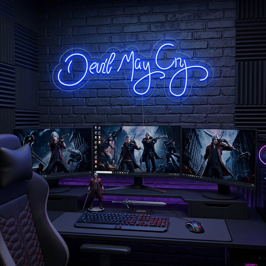 A vibrant 'Devil May Cry' logo neon sign with a sharp, stylized script, glowing in bold red and white. It is mounted on a textured brick wall above a cozy gaming desk setup. A comfortable gaming chair sits in front, surrounded by collectibles and peripheral lighting, creating an inviting atmosphere.