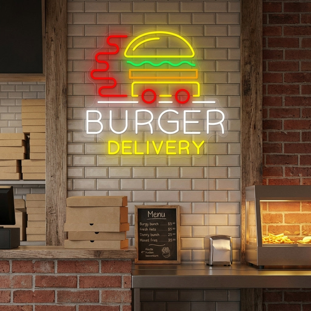A detailed and bright neon sign depicting a delicious burger next to a fast delivery scooter, perfect for a burger shop interior or window display