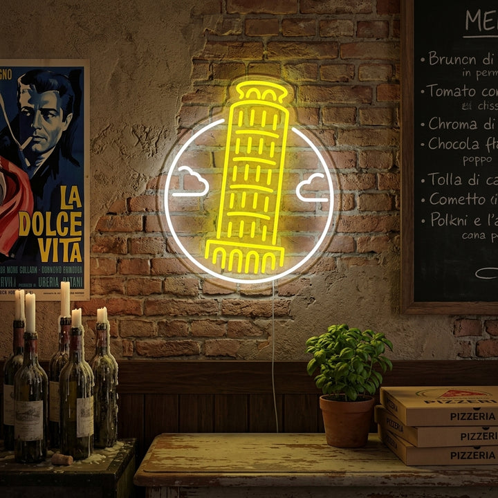 Glowing neon sign of the Leaning Tower of Pisa mounted in a living room.