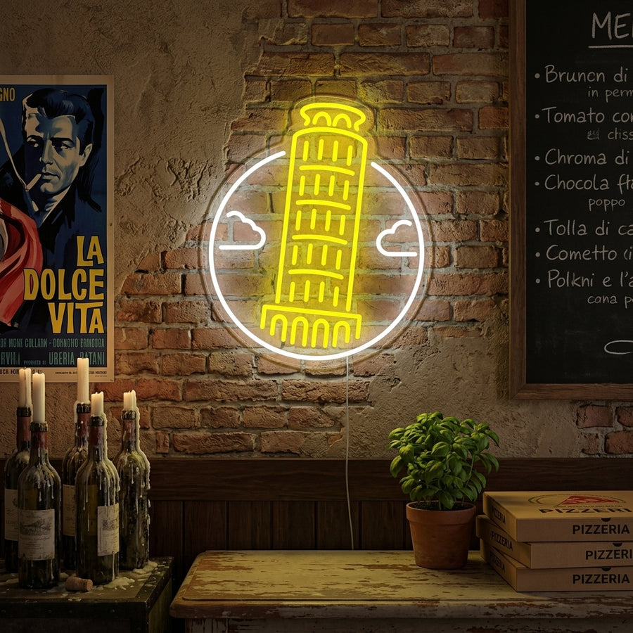 Glowing neon sign of the Leaning Tower of Pisa mounted in a living room.