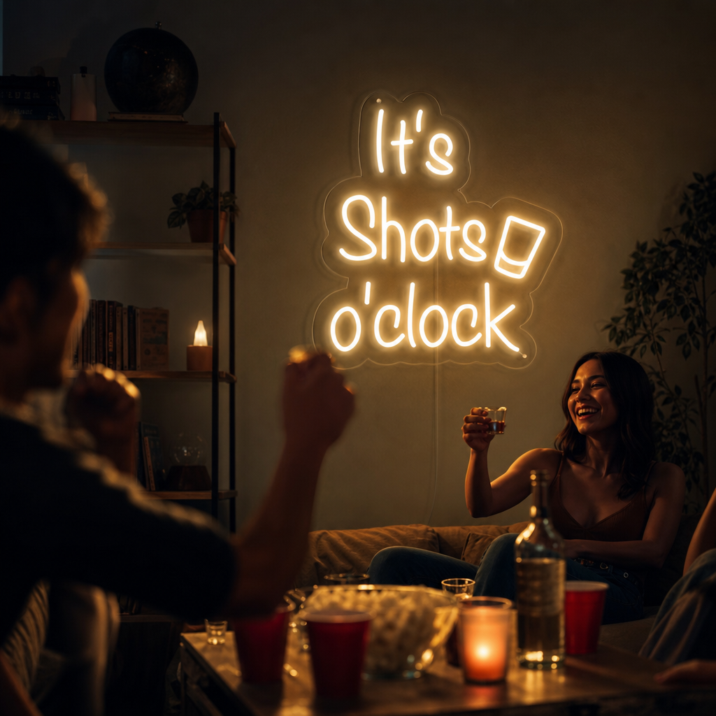 Vibrant blue 'its Shots oClock' neon sign glowing on a textured brick wall above a well-stocked bar, highlighting bottles and making a lively atmosphere.