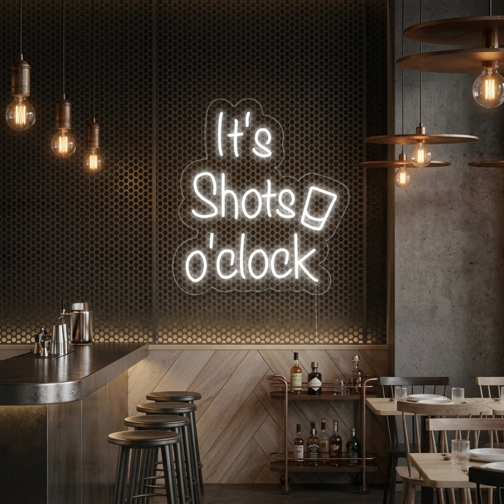Vibrant blue 'its Shots oClock' neon sign glowing on a textured brick wall above a well-stocked bar, highlighting bottles and making a lively atmosphere.