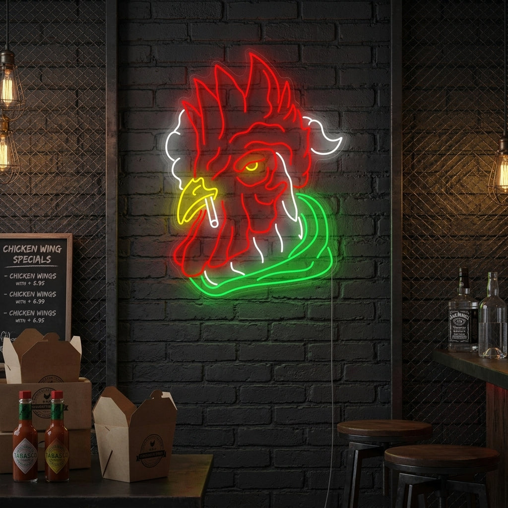 A vibrant 'Chicken Smoking' neon sign illuminates a dimly lit, cozy restaurant wall above a booth.