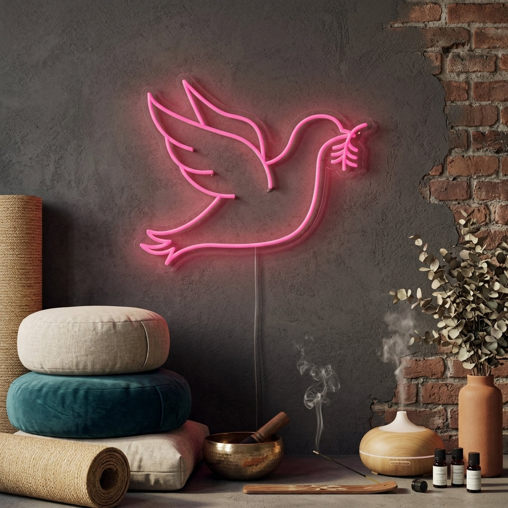 A glowing Pigeon Dove of Peace neon sign illuminates a modern lifestyle setting.