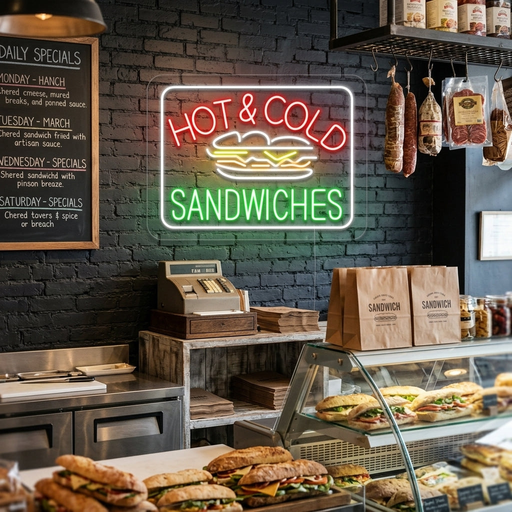 Illuminated 'Hot Cold Sandwiches' neon sign with sandwich icon glowing brightly above a cafe counter.