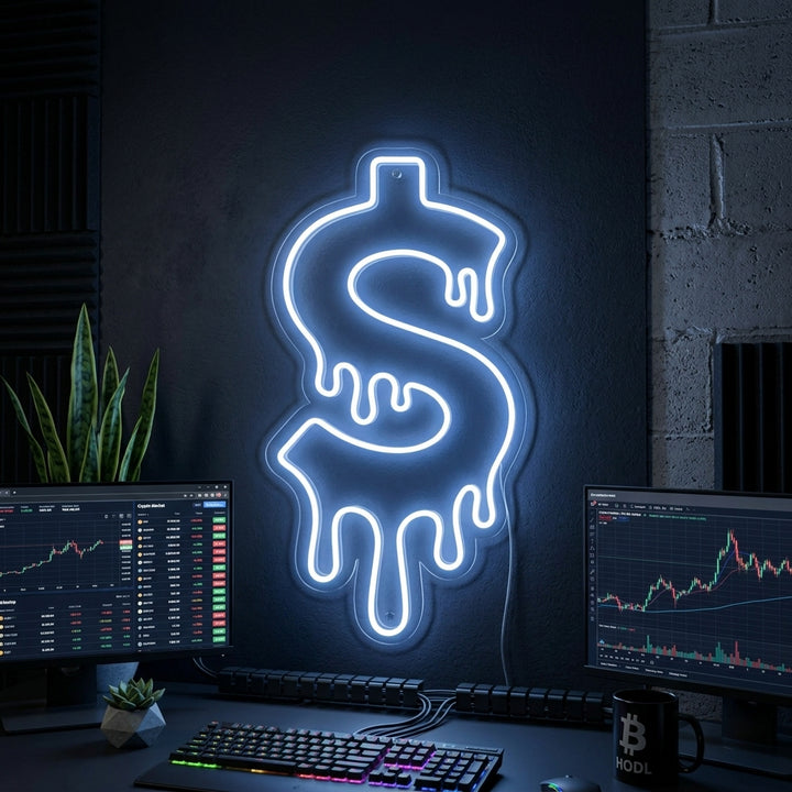 A vibrant 'Dripping Dollar' neon sign, depicting a melting dollar sign with a bright glow, mounted on a dark textured wall within a styled interior room.