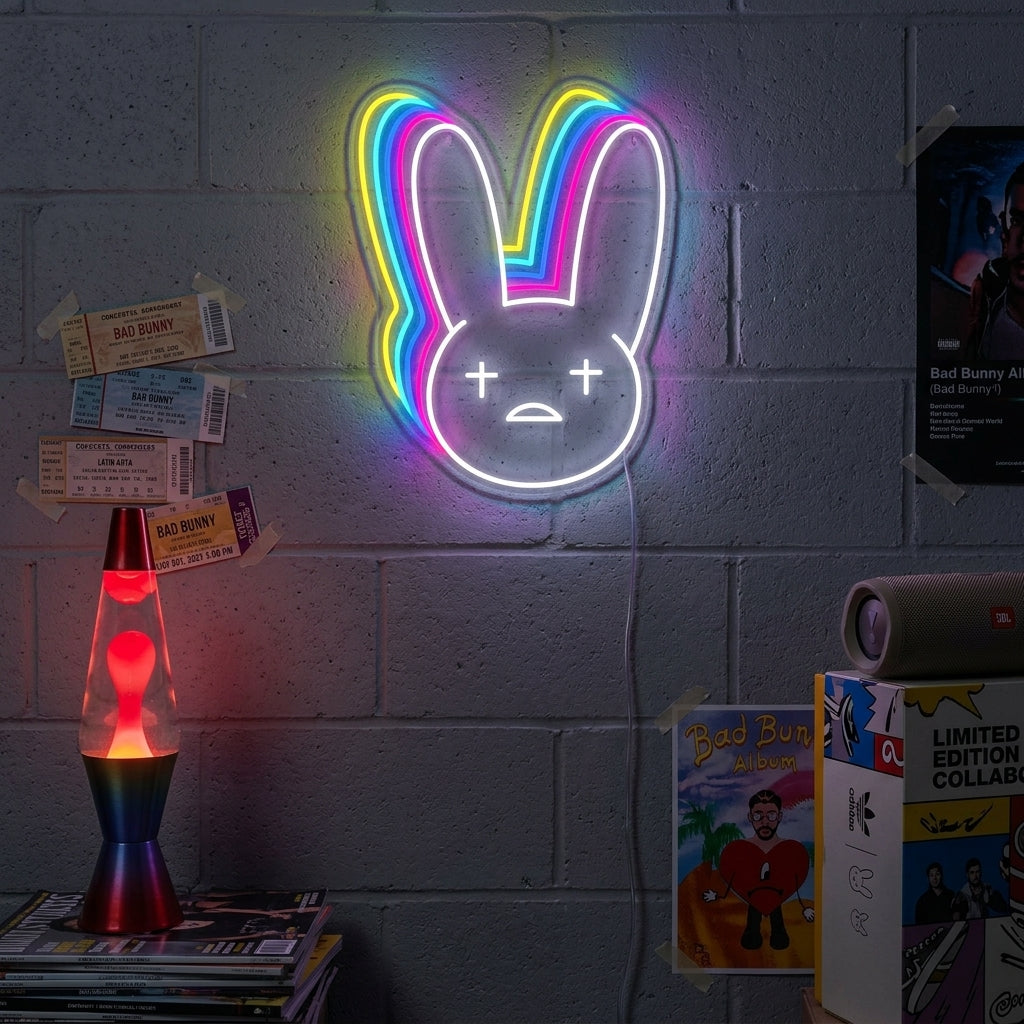 A glowing neon sign of the Bad Bunny rapper design mounted on a wall in a contemporary living room setting.