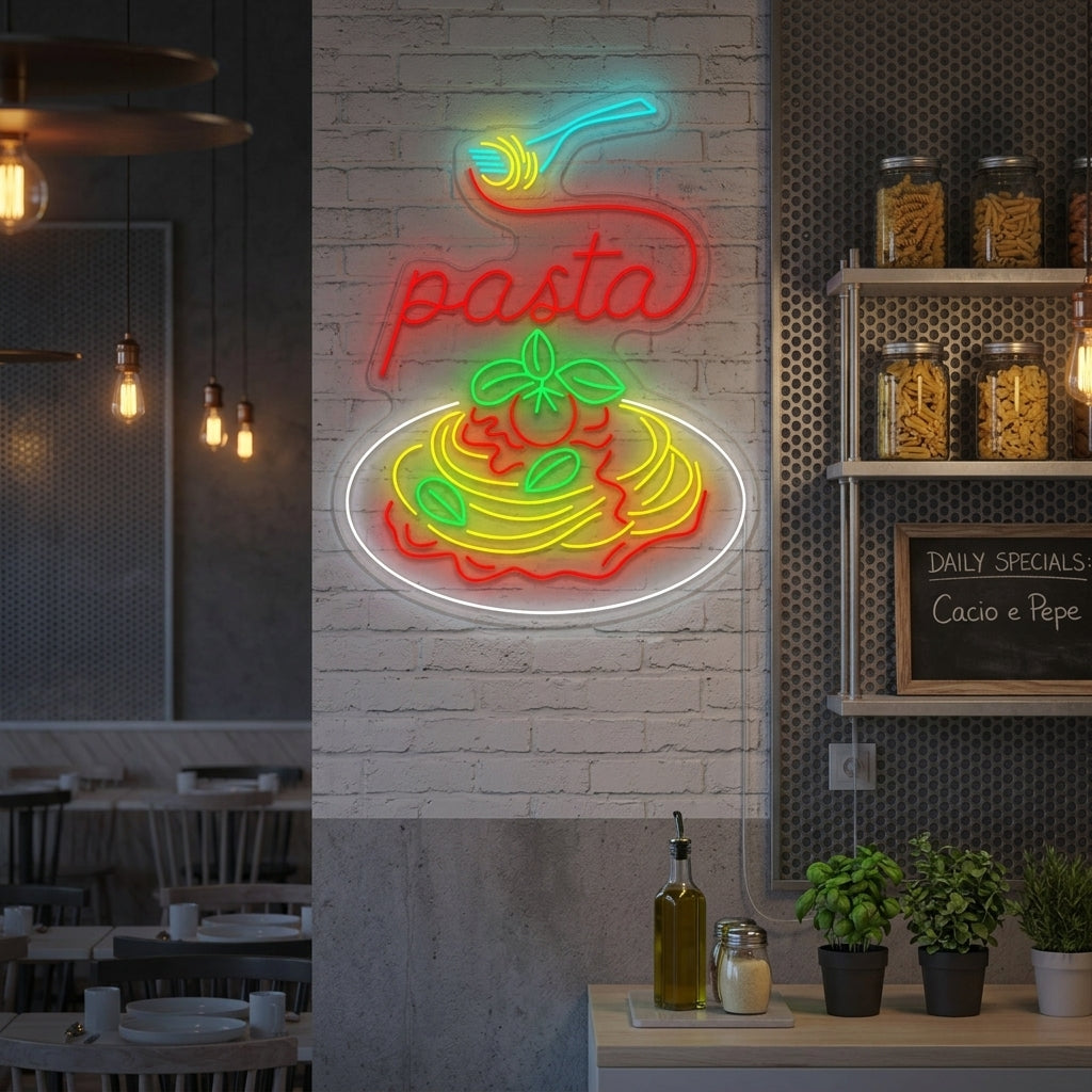 A lit-up neon sign depicting a bowl of Italian pasta hanging in a cozy, modern dining room above a wood table.