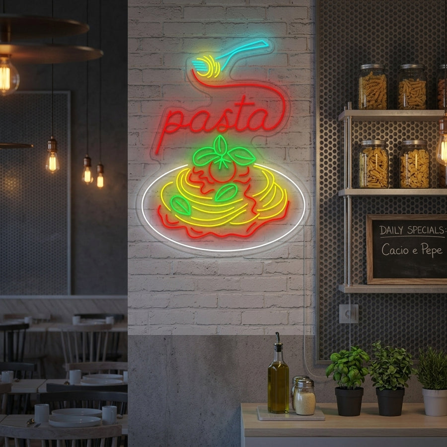 A lit-up neon sign depicting a bowl of Italian pasta hanging in a cozy, modern dining room above a wood table.