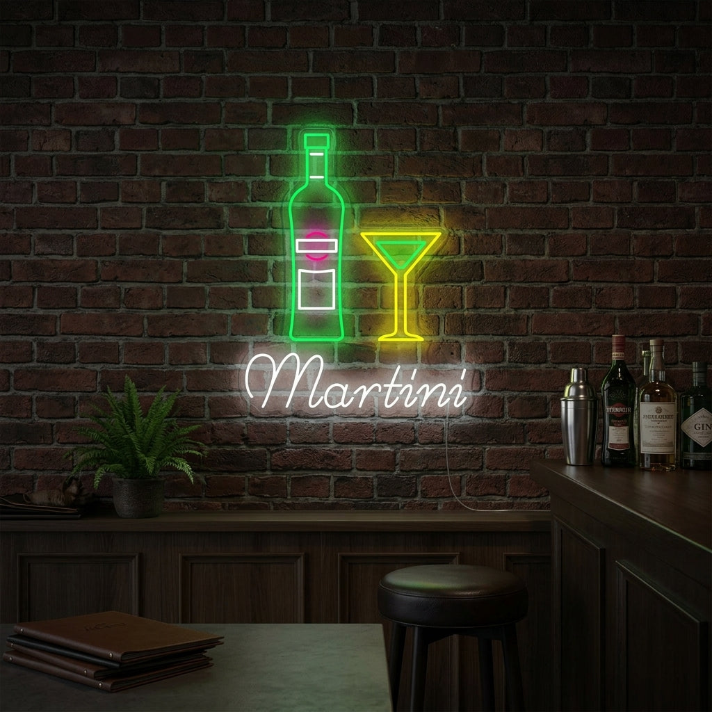 A glowing Martini neon sign with a green olive, mounted on a rustic brick wall in a cozy home bar setting.