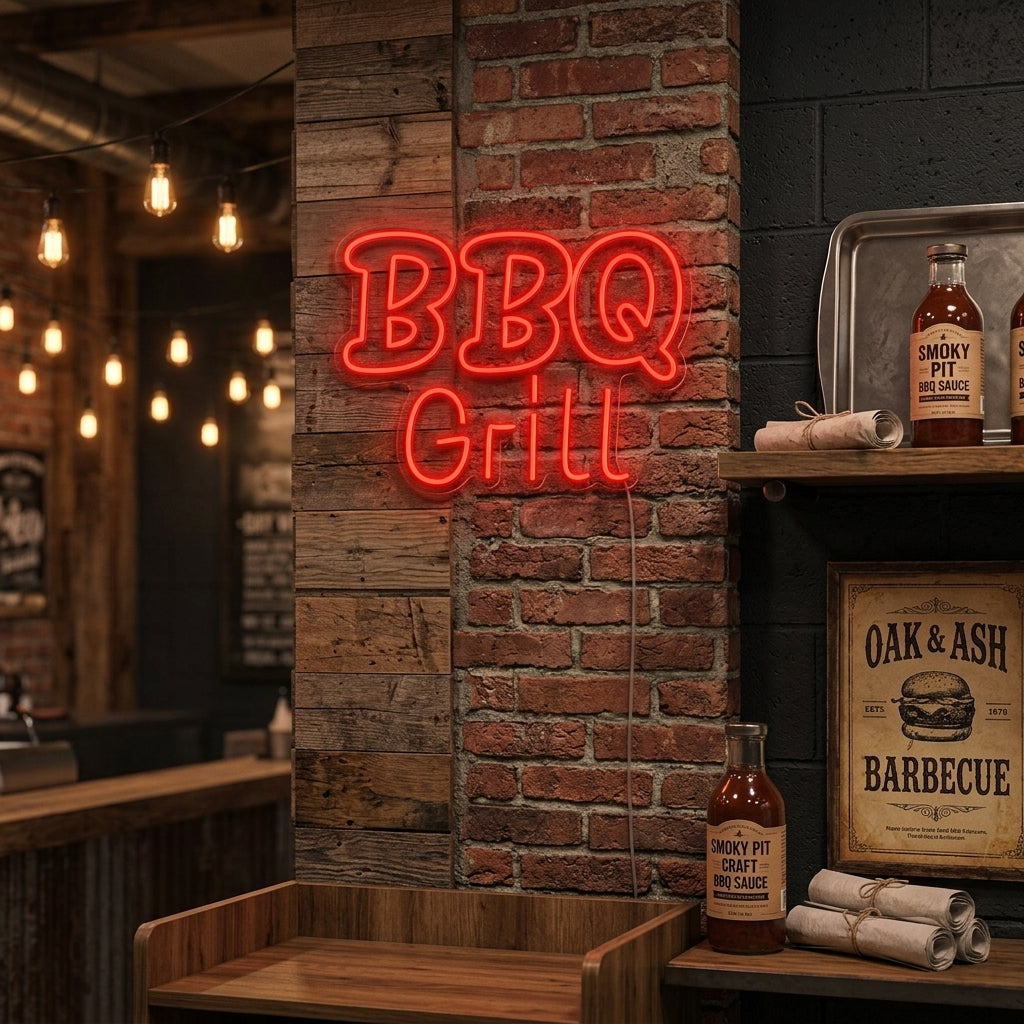 Handcrafted neon sign shaped like a BBQ grill glowing brightly on a brick wall above a grilling station.